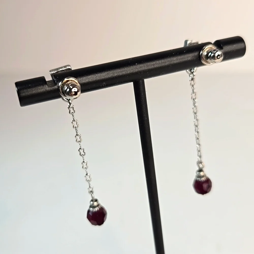 NWOT Artisan Silver and Red Crystal Dangle Drop Earrings Dainty Lightweight